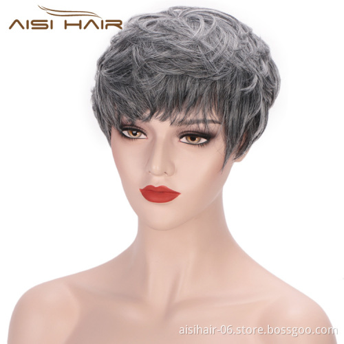 Aisi Hair Heat Resistant Fiber Straight Short Hair Bob Wigs with Neat Bangs Grey Mixed Black Short Bob Wigs for Women